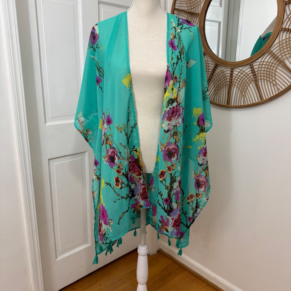 Ultra Pink Floral Sheer Kimono Duster Tassel Hem Sz 1X Lightweight Layering Boho